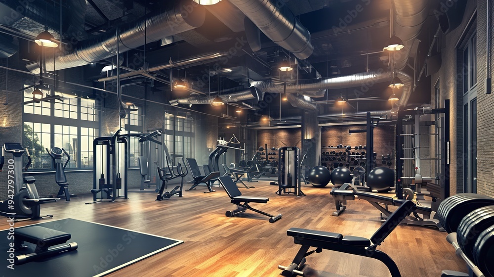 Modern gym room fitness center with equipment and machines. Up to date sport hall. Modern gym room fitness center with equipment and machines. Up to date sport hall.