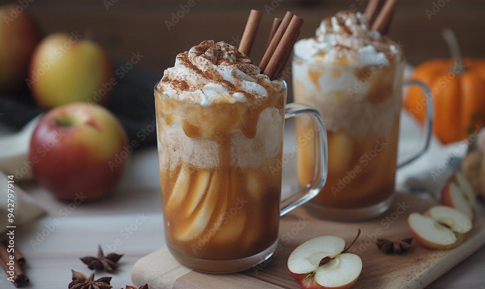 Apple coffee drink. Apple spices latte drink. Autumn drink with cinnamon and anise. Space for text. Copy space.