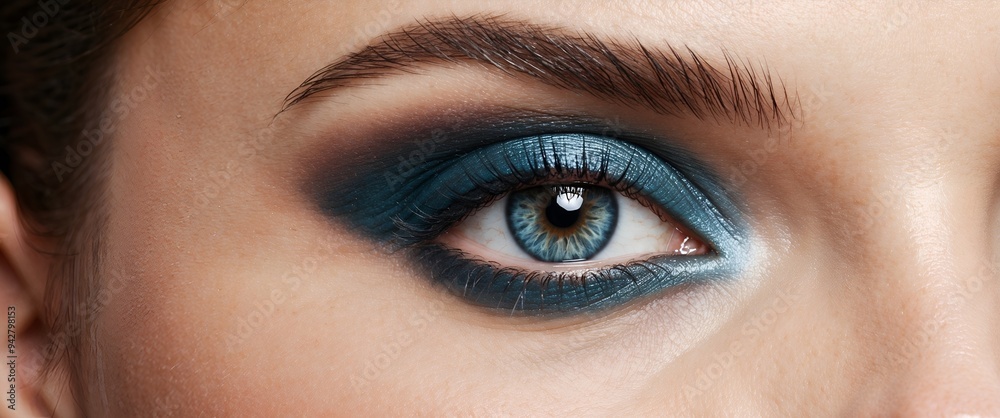 Obraz premium Elegance close-up of beautiful female eye with marine colors eyeshadow. Macro shot of beautiful woman's face part with makeup. Cosmetics, beauty and make-up