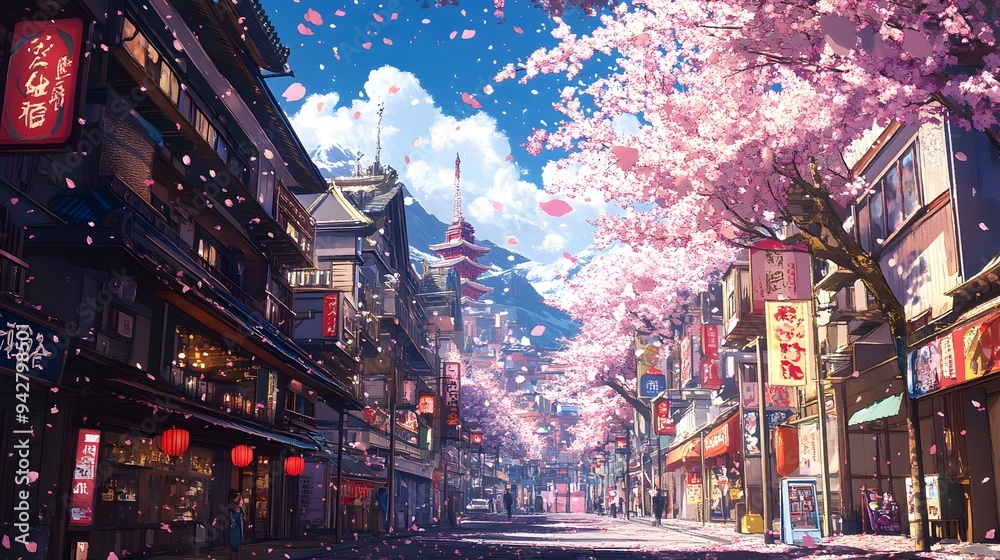 Fototapeta premium A vibrant background image of a Japanese city street in anime style, featuring colorful buildings, detailed signs, and cherry blossoms gently falling 