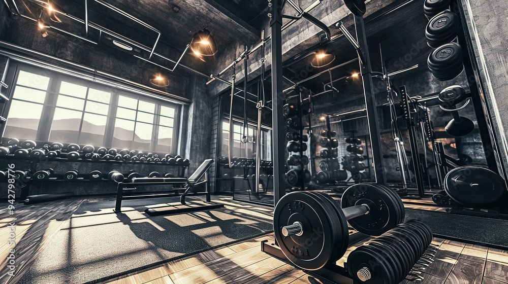 Modern light gym. Sports equipment in gym. Barbells of different weight on rack. Modern light gym. Sports equipment in gym. Barbells of different weight on rack.