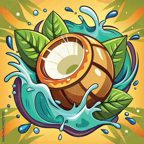 Coconut whole with tree holes Cartoon coconut icon Coconut milk