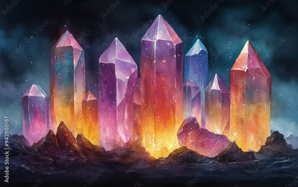 A vibrant arrangement of colorful crystals illuminated by an ethereal glow, creating a mystical and enchanting atmosphere. A vibrant arrangement of colorful crystals illuminated by an ethereal glow, creating a mystical and enchanting atmosphere.