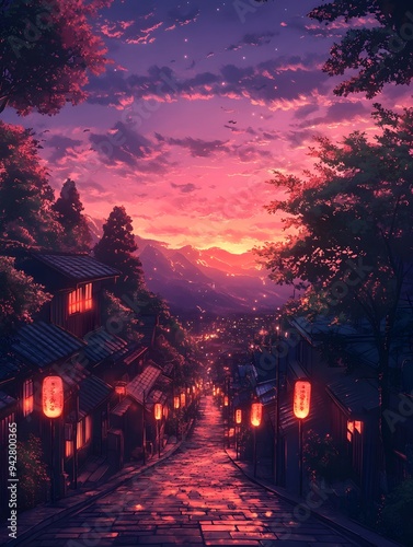 A serene anime-style background of a Japanese city at dusk, with glowing lanterns, narrow alleys, and distant mountains under a purple sky