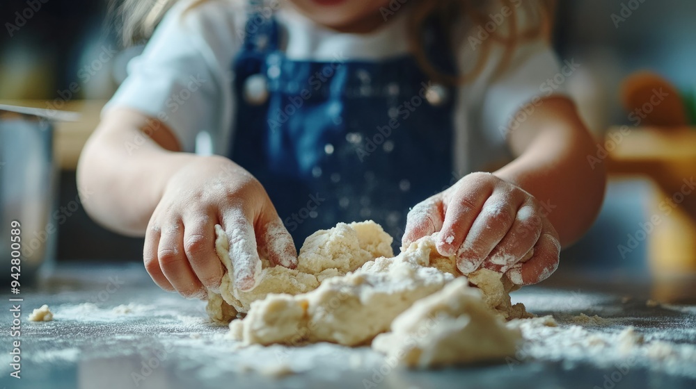 Child wearing a denim apron is kneading dough on a flour-dusted metal table Child wearing a denim apron is kneading dough on a flour-dusted metal table