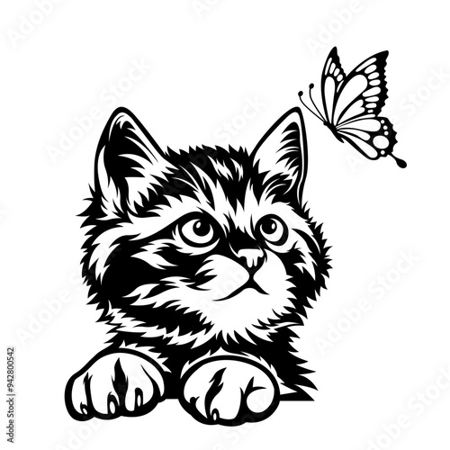 Domestic Cat | Cat | Cat with Butterfly | Peeking Animal | Kitten | Butterfly Cat | Peeking Cat | Cat Lover | Original Illustration | Vector and Clipart | Cutfile and Stencil