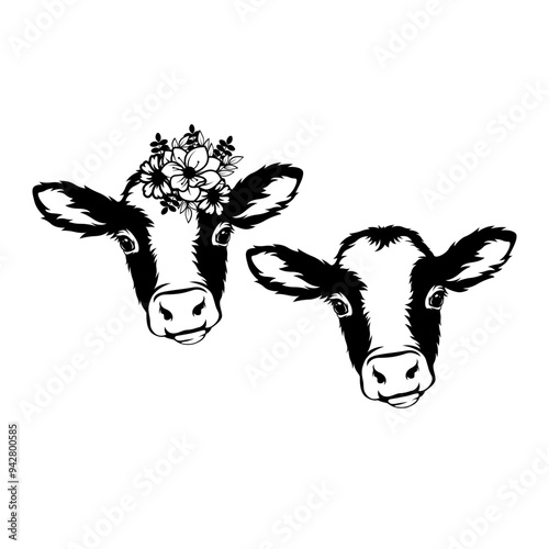Cute Cow | Floral Cow | Cow Face | Farm Animal | Cow with Flowers on Top | Livestock | 2 Head Cow | Cow's Milk | Original Illustration | Vector and Clipart | Cutfile and Stencil