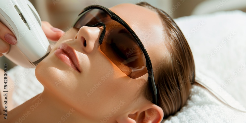 Naklejka premium Laser cosmetology. Facial hair removal. Photorejuvenation. Removal of neoplasms, scars, pigment spots, vessels. Laser resurfacing