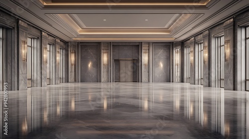 Grand Empty Reception Hall with Polished Marble Surfaces, Soft Lighting Accents, and High-End Architectural Design