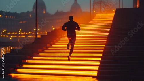 A man runs up a set of stairs in the dark