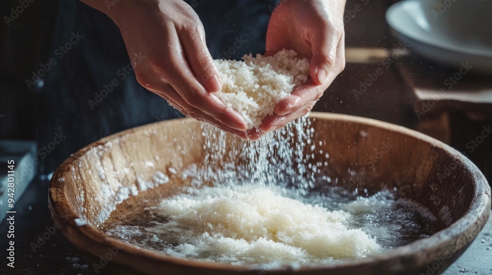 Chef washing rice grains in a large wooden bowl with water, splashing it with their hands Chef washing rice grains in a large wooden bowl with water, splashing it with their hands