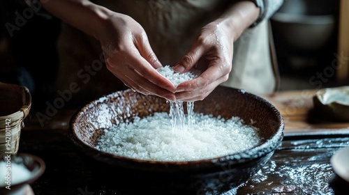 Washing rice in a vintage bowl as part of dinner preparation