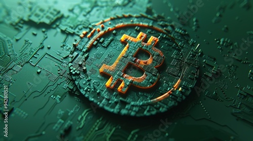 Wallpaper Mural Bitcoin icon embedded in a digital circuit board, glowing with layers of secure encryption, [Bitcoin], [circuit security]. Torontodigital.ca