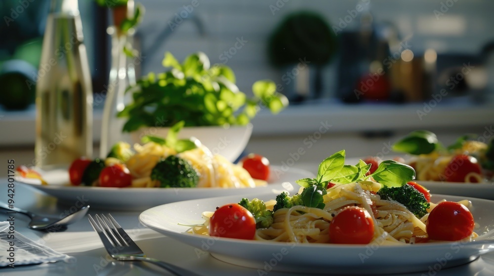 A plate of pasta and vegetables, perfect for a quick meal A plate of pasta and vegetables, perfect for a quick meal