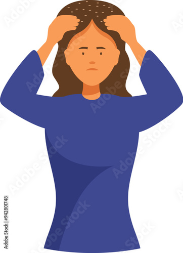 Sad woman is touching her hair worried about dandruff or head lice