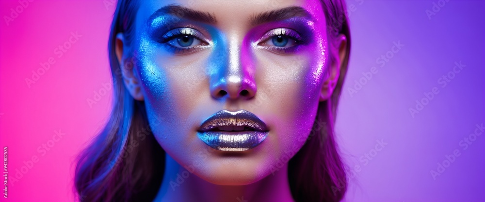 High Fashion model metallic silver lips and face woman in colorful bright neon uv blue and purple lights