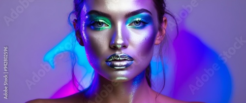 High Fashion model metallic silver lips and face woman in colorful bright neon uv blue and purple lights