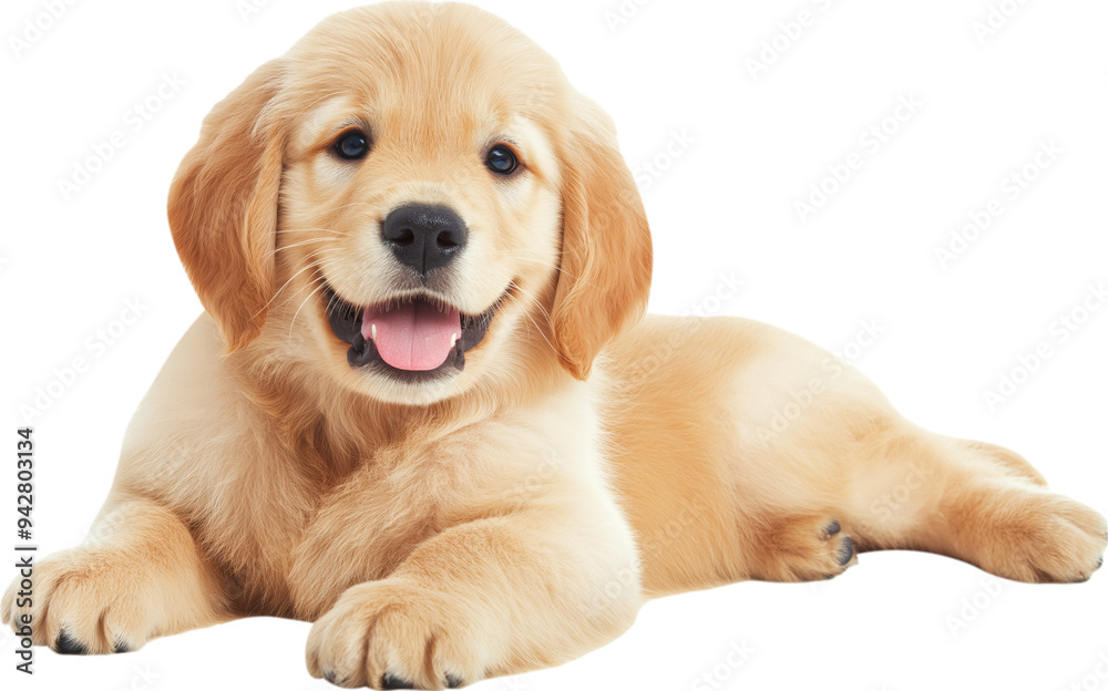 A cheerful golden retriever puppy lounging comfortably isolated on transparent background. A cheerful golden retriever puppy lounging comfortably isolated on transparent background.