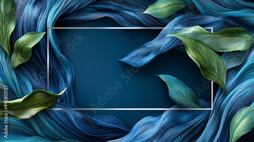 Vibrant blue and green abstract frame with leaves, creating an elegant backdrop for text or artwork.