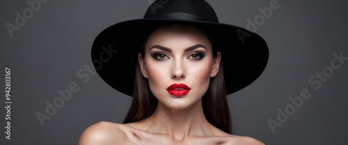 Elegant Woman Face Portrait hidden by Black Hat.