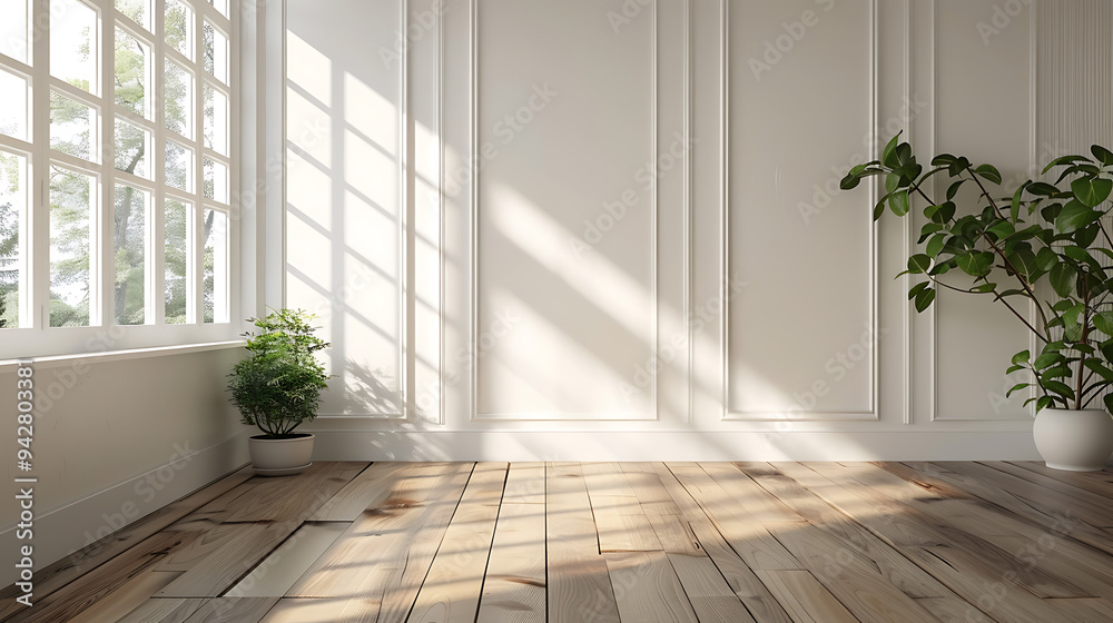 Sunlight streams through a large window in a bright, minimalist room, illuminating the wooden floor and casting shadows on the white walls. Sunlight streams through a large window in a bright, minimalist room, illuminating the wooden floor and casting shadows on the white walls.