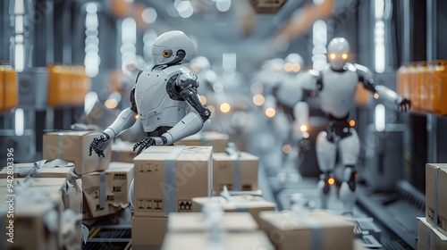 AI-driven logistics optimization: Automated warehouse with robots sorting packages for global shipping