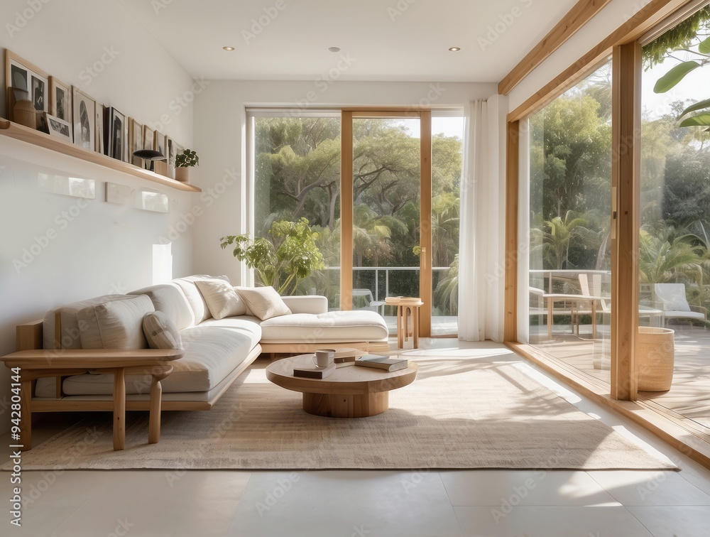 Fototapeta premium Modern Living Room with Sectional Sofa, Wooden Coffee Table, and Large Windows