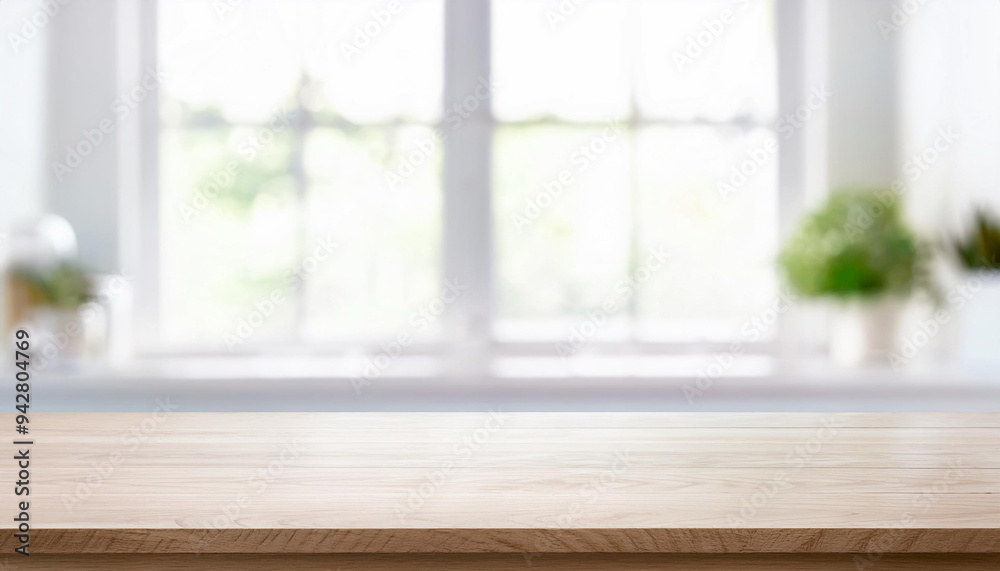 empty wooden table on background of abstract blur white interior, montage, product display, inside and window. empty wooden table on background of abstract blur white interior, montage, product display, inside and window.