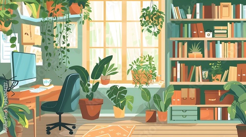 Wallpaper Mural An illustration of a home office setup with a computer, a comfortable chair, and shelves filled with books and plants, conveying a cozy and productive atmosphere. 8k UHD, suitable for high-quality  Torontodigital.ca