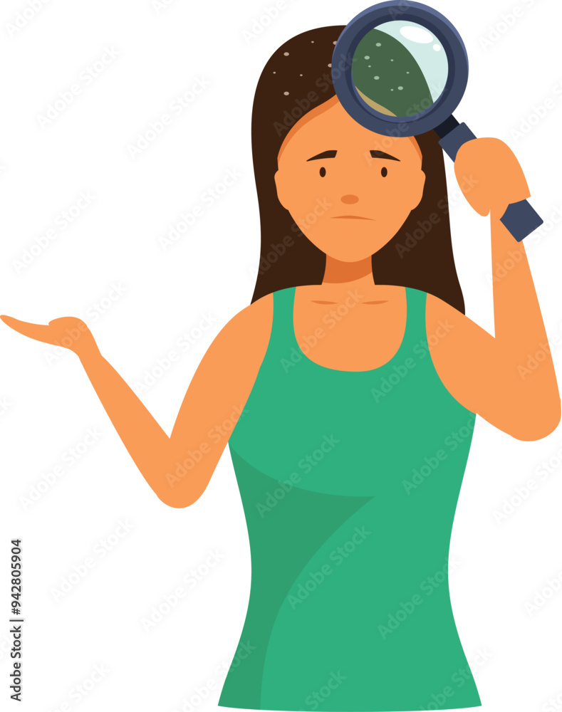 Young woman is examining her scalp with a magnifying glass, looking for signs of lice infestation Young woman is examining her scalp with a magnifying glass, looking for signs of lice infestation