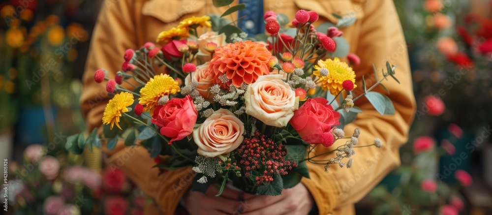 A Vibrant Bouquet of Flowers Held by a Person in a Yellow Jacket A Vibrant Bouquet of Flowers Held by a Person in a Yellow Jacket