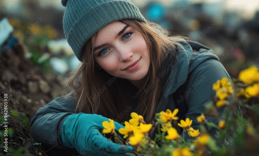 woman participates in CSR work, collecting trash in littered area where small, bright flowers bloom amidst the waste. The image highlights the contrast between the beauty of nature. woman participates in CSR work, collecting trash in littered area where small, bright flowers bloom amidst the waste. The image highlights the contrast between the beauty of nature.
