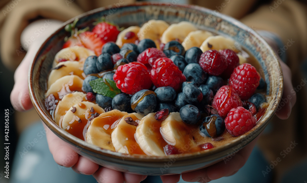 Yogurt with granola and fresh berries. Greek Yogurt with wild organic berries and oatmeal on a wooden table. Farm healthy homemade yogurt. Diet food. Healthy breakfast. Place for text.