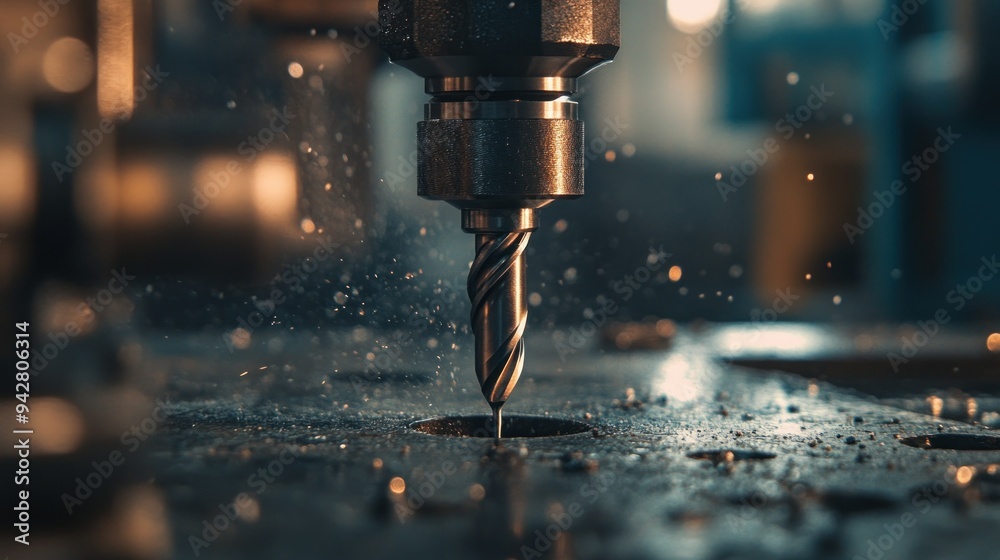 Close-up of a drill bit piercing a metal surface with sparks flying Close-up of a drill bit piercing a metal surface with sparks flying