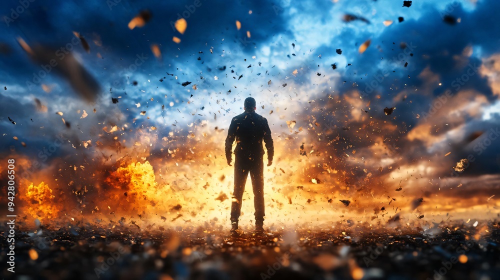 A powerful silhouette stands amidst an explosion of color and energy, symbolizing strength and resilience in a dramatic landscape.