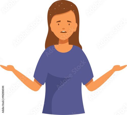 Sad woman shrugging shoulders having dandruff problem, scalp disease, dermatology concept
