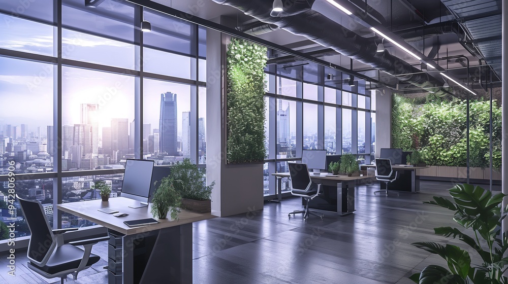 Modern science fiction futuristic interior office design with green wall plants and beautiful twilight cityscape view. 3d rendering Modern science fiction futuristic interior office design with green wall plants and beautiful twilight cityscape view. 3d rendering