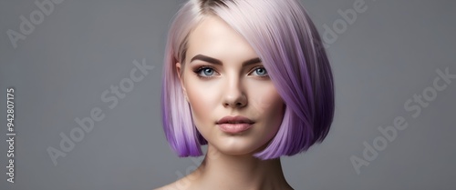 Colored Ombre hair extensions. Beauty Model Girl blonde with short bob purple hairstyle isolated on gray background. Closeup woman portrait.