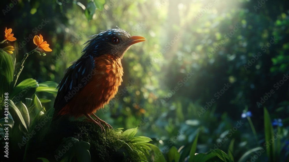 A Bird Perched on a Moss-Covered Branch in a Lush Forest A Bird Perched on a Moss-Covered Branch in a Lush Forest