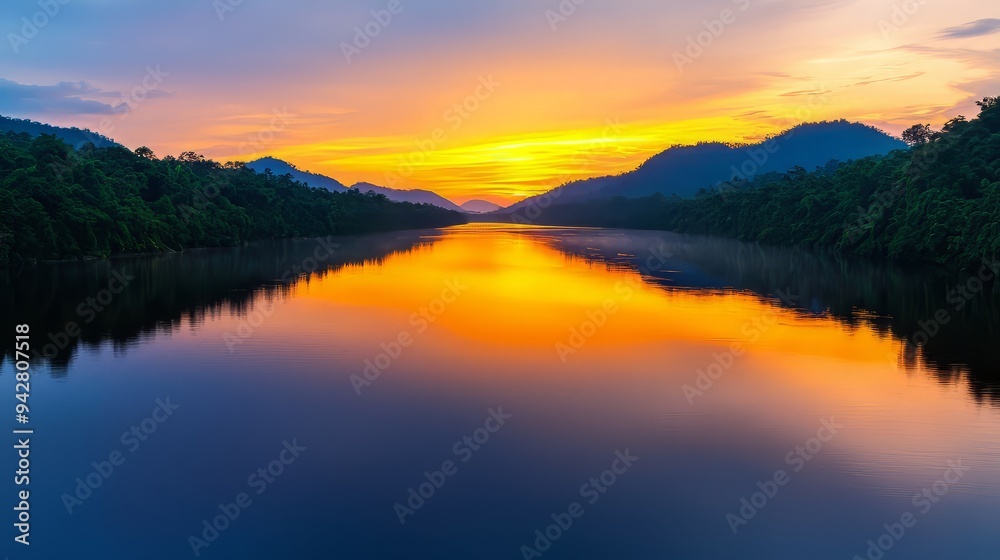 Fototapeta premium A serene landscape featuring a river reflecting a stunning sunset, surrounded by lush mountains and tranquil nature.