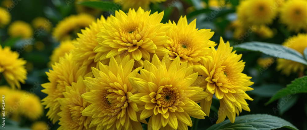 A bunch of yellow chrysanthemum with green leaves, close up photo. A bunch of yellow chrysanthemum with green leaves, close up photo.