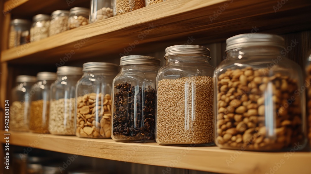 A well-organized kitchen shelf displays an array of clear jars filled with grains, nuts, and seeds. The natural wooden shelf complements the wholesome contents, enhancing the kitchen's aesthetic A well-organized kitchen shelf displays an array of clear jars filled with grains, nuts, and seeds. The natural wooden shelf complements the wholesome contents, enhancing the kitchen's aesthetic