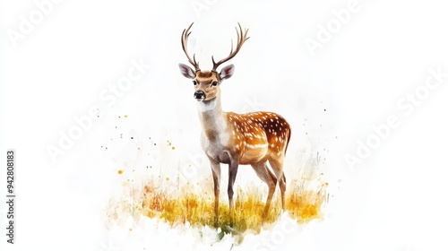 A graceful deer stands in a vibrant meadow, showcasing its elegant antlers and spotted coat, surrounded by nature's beauty.
