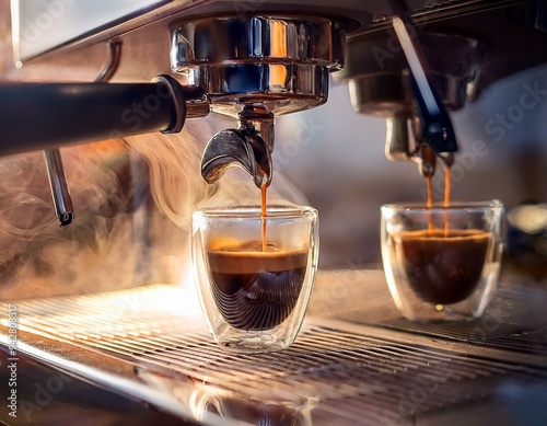 Cafetera de cafetería moderna preparando un café en una taza son humo y aroma de café recién molido