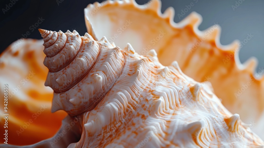 Close-up of a Spiral Seashell with Delicate Orange and White Patterns Close-up of a Spiral Seashell with Delicate Orange and White Patterns