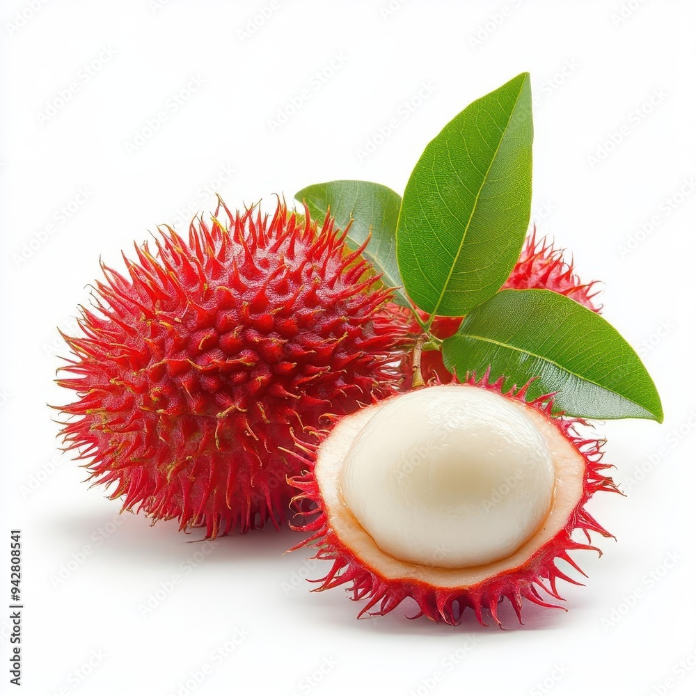 Fresh rambutan fruit with leaves isolated on white background. Fresh rambutan fruit with leaves isolated on white background.