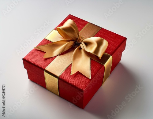 Caja de regalo roja envuelta con un lazo dorado de navidad en un fondo blanco vacío.