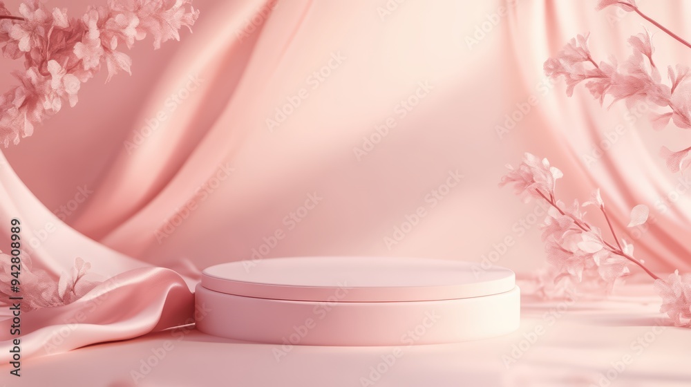 A minimalistic pink display podium surrounded by soft flowers and silky fabric, perfect for showcasing products or artworks. A minimalistic pink display podium surrounded by soft flowers and silky fabric, perfect for showcasing products or artworks.