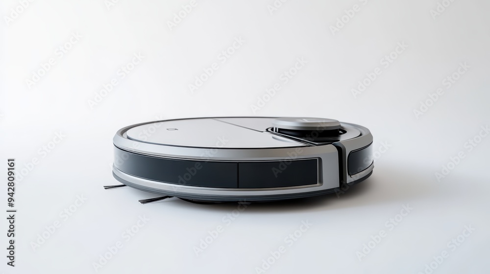 A modern robotic vacuum cleaner on a minimalist white background. Ideal for showcasing smart home technology and automation. A modern robotic vacuum cleaner on a minimalist white background. Ideal for showcasing smart home technology and automation.