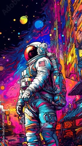 Futuristic Urban Astronaut: AI-Generated Animation of Whimsical Space Explorer in Vibrant Cityscape. Colorful Abstract Background Merging Sci-Fi and Street Art for Creative Marketing and Web Design In